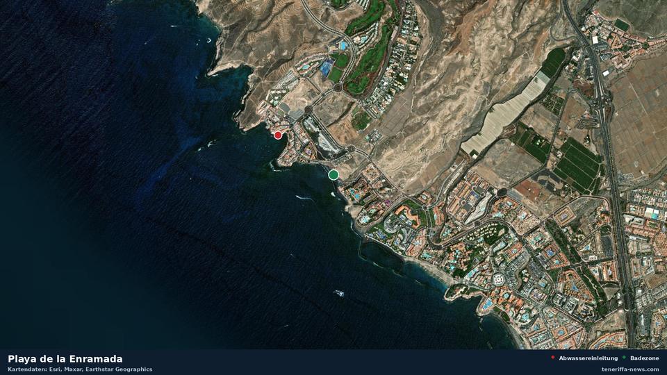 Satellitenbild der Playa de la Enramada in Adeje, dazu die Lage der nächsten Abwassereinleitung in 517 Metern.