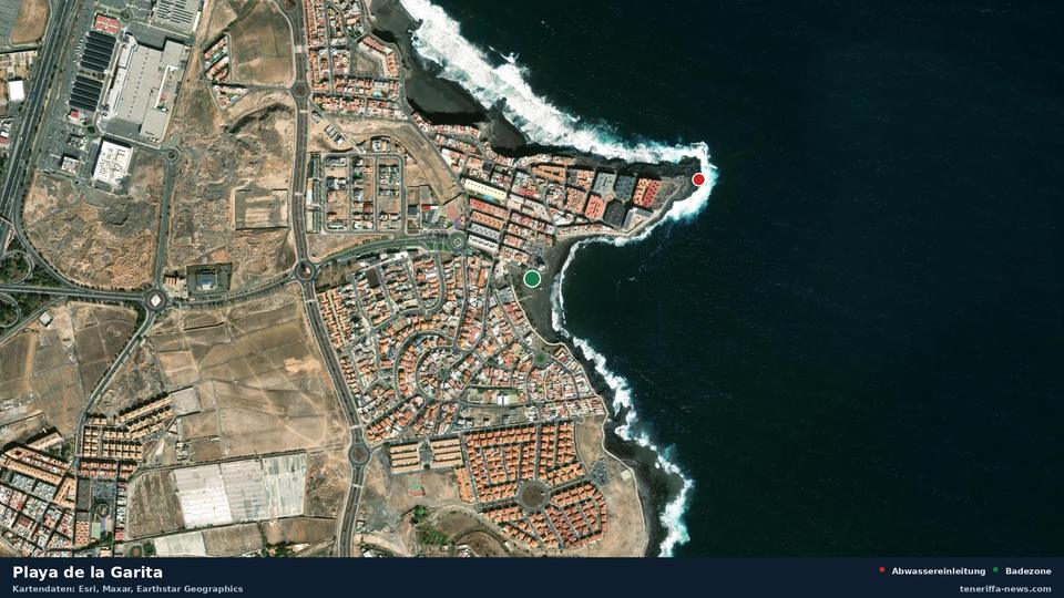 Satellite image of Playa de la Garita in Telde, with the position of the nearest wastewater outfall 461 metres away.