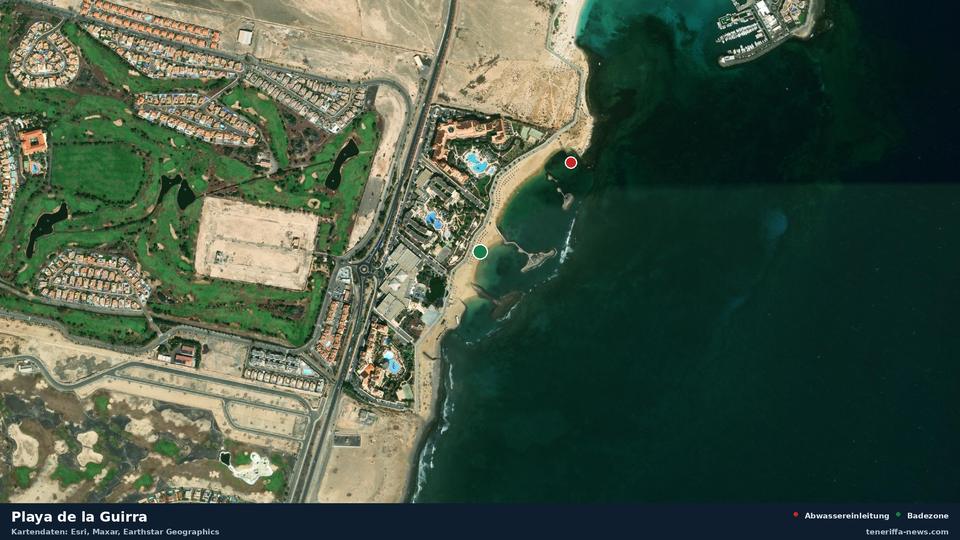 Imagen por satélite de Playa de la Guirra en Antigua, con la ubicación del vertido de aguas residuales más cercano a 334 metros.