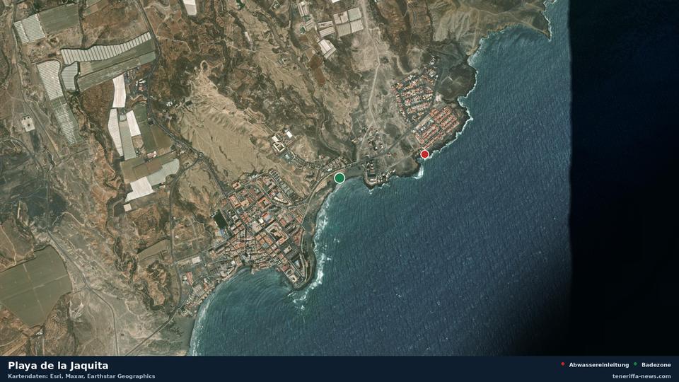 Satellitenbild der Playa de la Jaquita in Granadilla de Abona, dazu die Lage der nächsten Abwassereinleitung in 660 Metern.