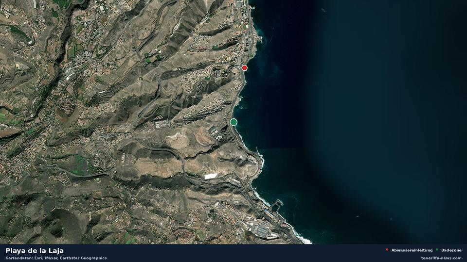 Satellite image of Playa de la Laja in Las Palmas de Gran Canaria, with the position of the nearest wastewater outfall 1202 metres away.