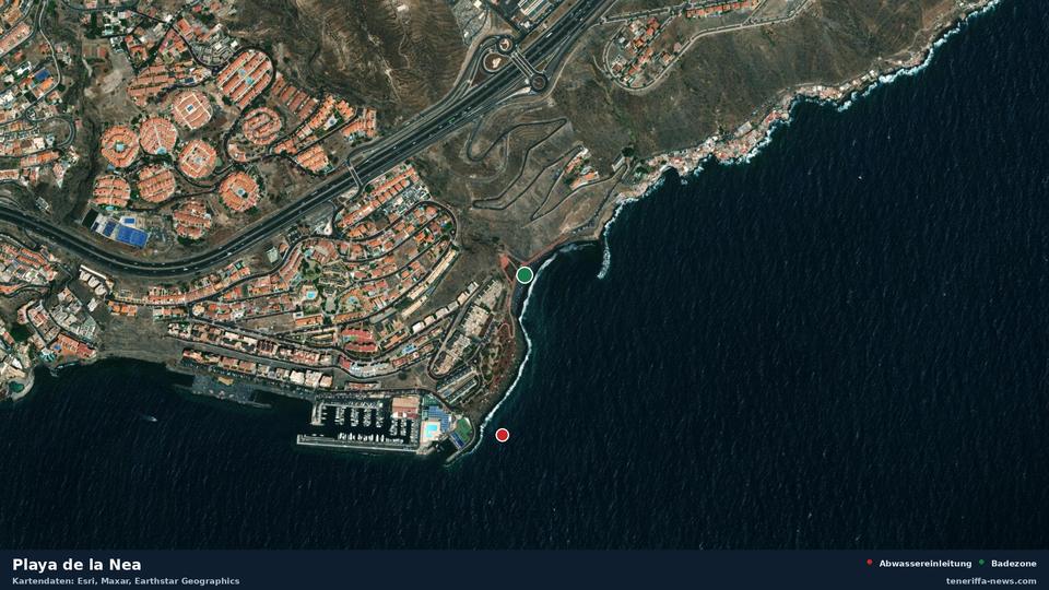Satellitenbild der Playa de la Nea in El Rosario, dazu die Lage der nächsten Abwassereinleitung in 388 Metern.