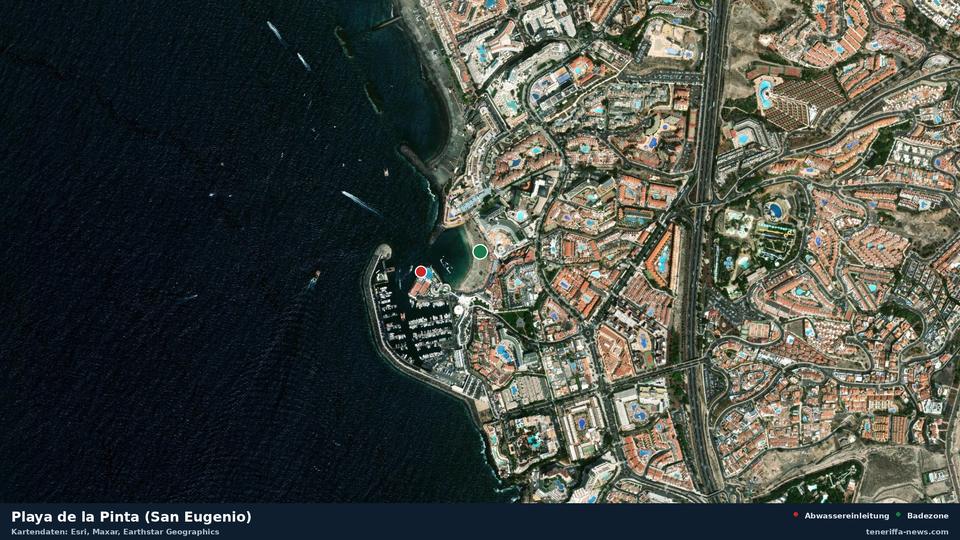 Satellitenbild der Playa de la Pinta (San Eugenio) in Adeje, dazu die Lage der nächsten Abwassereinleitung in 164 Metern.