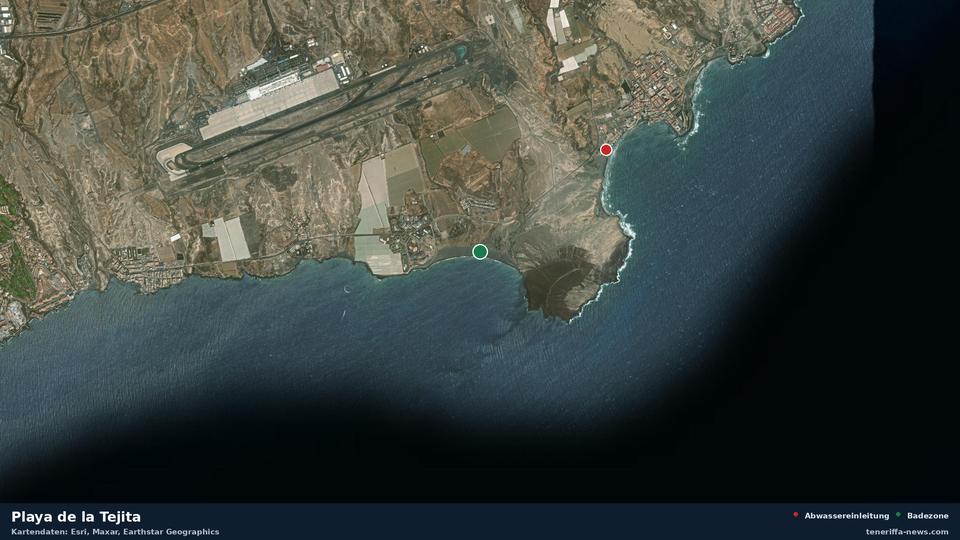 Satellitenbild der Playa de la Tejita in Granadilla de Abona, dazu die Lage der nächsten Abwassereinleitung in 1708 Metern.