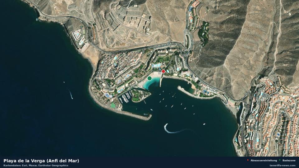 Satellite image of Playa de la Verga (Anfi del Mar) in Mogán, with the position of the nearest wastewater outfall 132 metres away.