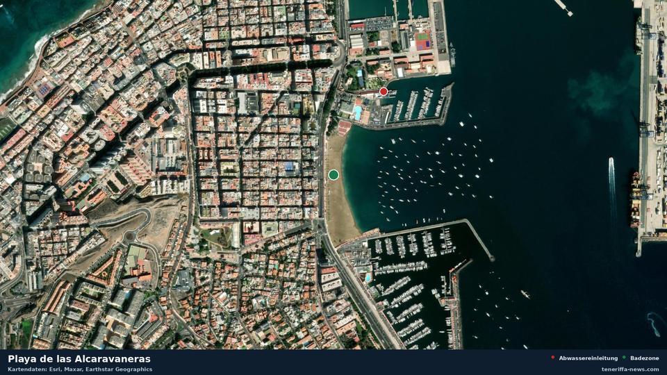 Satellite image of Playa de las Alcaravaneras in Las Palmas de Gran Canaria, with the position of the nearest wastewater outfall 367 metres away.