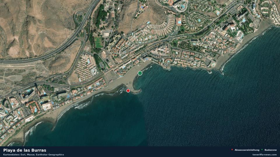 Satellite image of Playa de las Burras in San Bartolomé de Tirajana, with the position of the nearest wastewater outfall 192 metres away.