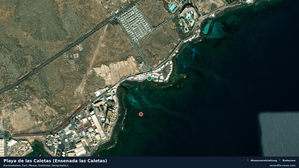 Satellite image of Playa de las Caletas (Ensenada las Caletas) in Teguise, with the position of the nearest wastewater outfall 310 metres away.