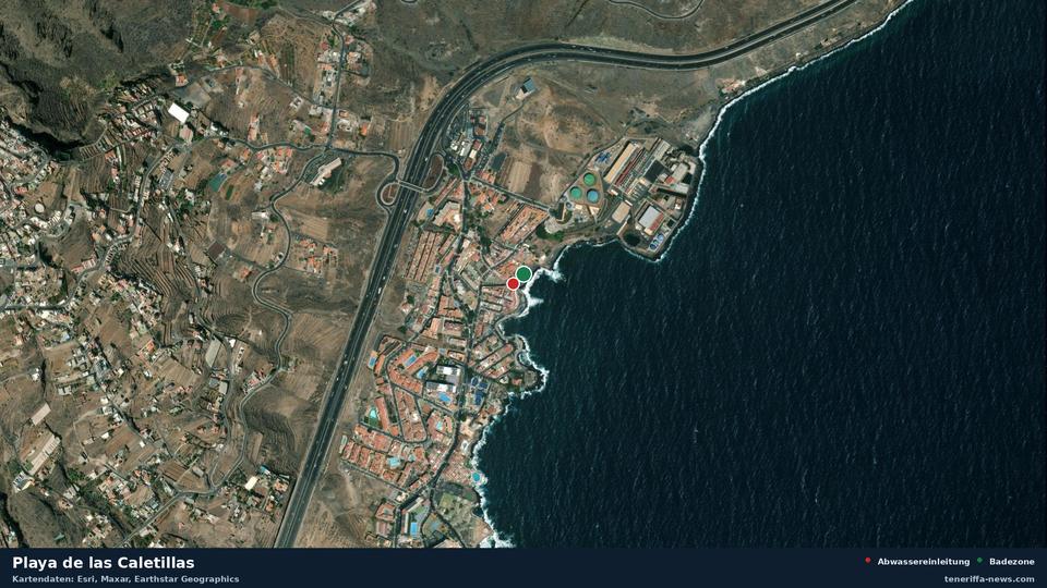 Satellite image of Playa de las Caletillas in Candelaria, with the position of the nearest wastewater outfall 34 metres away.