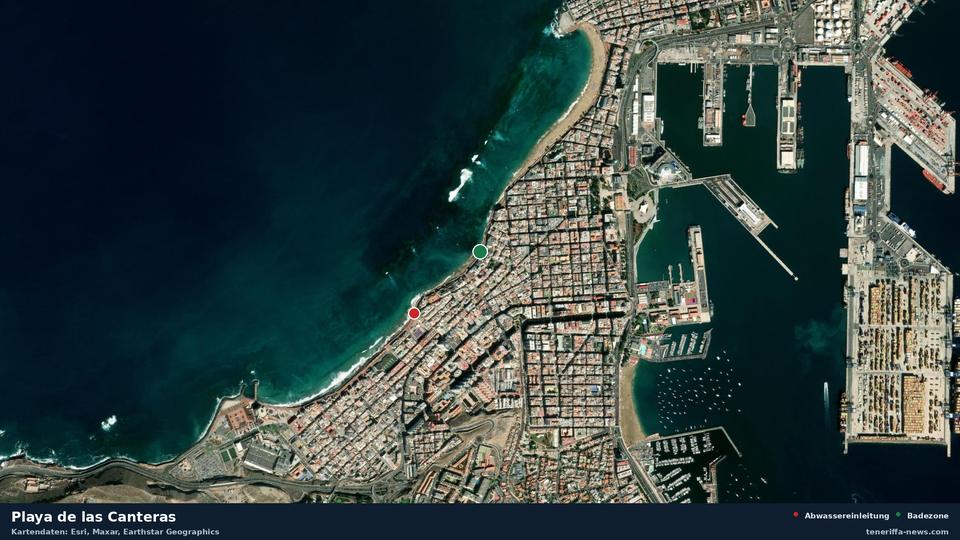 Satellite image of Playa de las Canteras in Las Palmas de Gran Canaria, with the position of the nearest wastewater outfall 475 metres away.