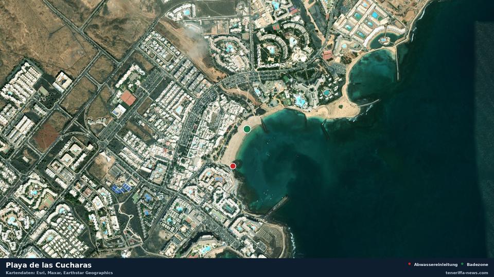 Satellite image of Playa de las Cucharas in Teguise, with the position of the nearest wastewater outfall 200 metres away.