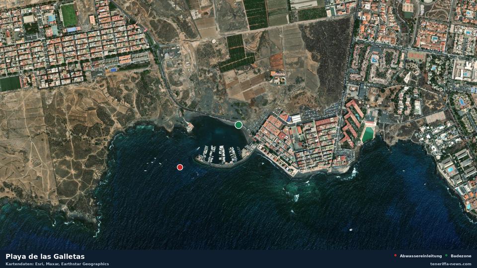 Satellitenbild der Playa de las Galletas in Arona, dazu die Lage der nächsten Abwassereinleitung in 383 Metern.