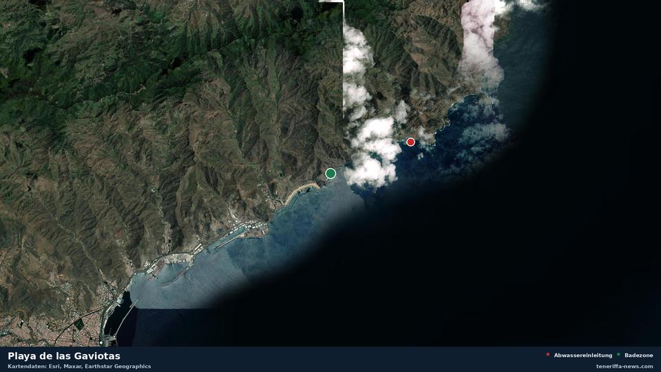 Satellitenbild der Playa de las Gaviotas in Santa Cruz de Tenerife, dazu die Lage der nächsten Abwassereinleitung in 2619 Metern.
