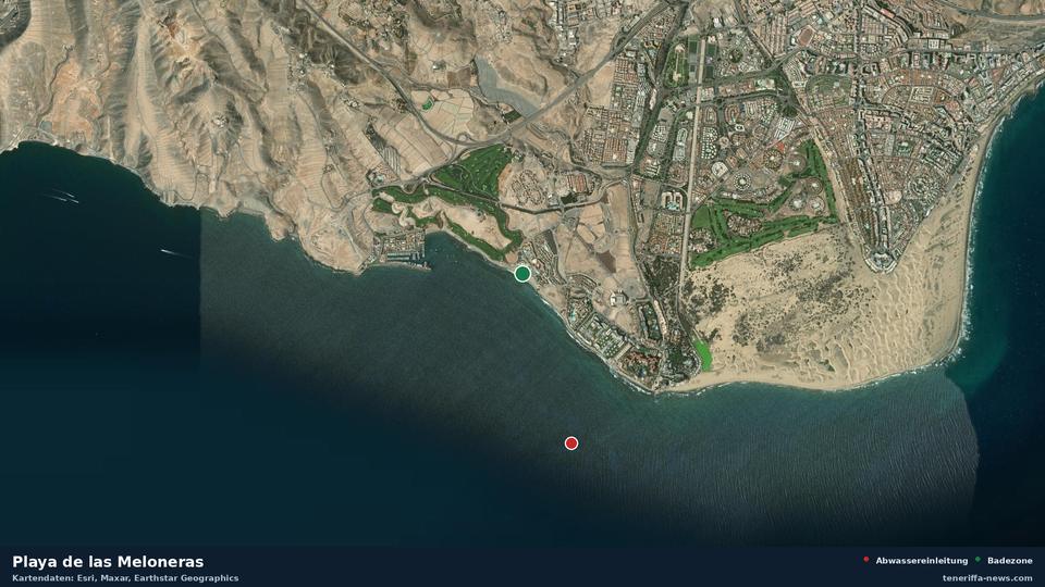 Satellite image of Playa de las Meloneras in San Bartolomé de Tirajana, with the position of the nearest wastewater outfall 1718 metres away.