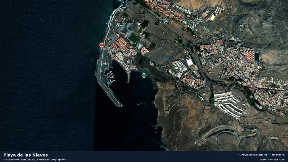 Satellite image of Playa de las Nieves in Agaete, with the position of the nearest wastewater outfall 460 metres away.