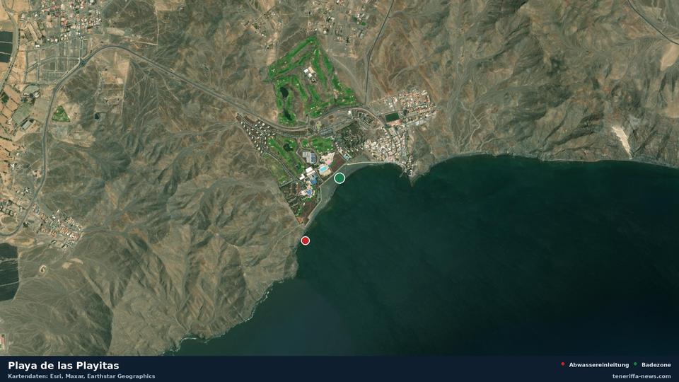 Satellitenbild der Playa de las Playitas in Tuineje, dazu die Lage der nächsten Abwassereinleitung in 530 Metern.