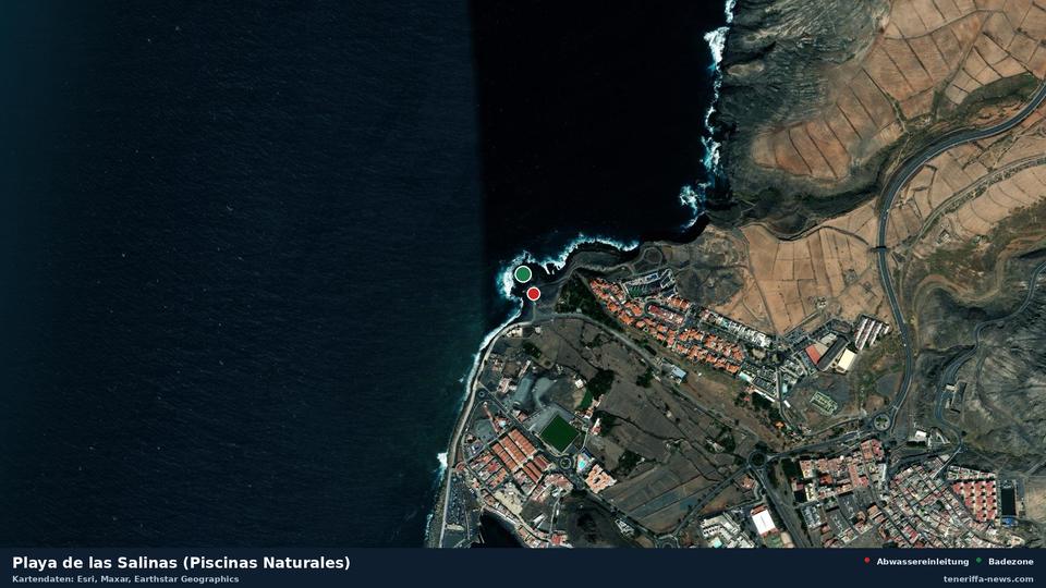 Satellite image of Playa de las Salinas (Piscinas Naturales) in Agaete, with the position of the nearest wastewater outfall 54 metres away.