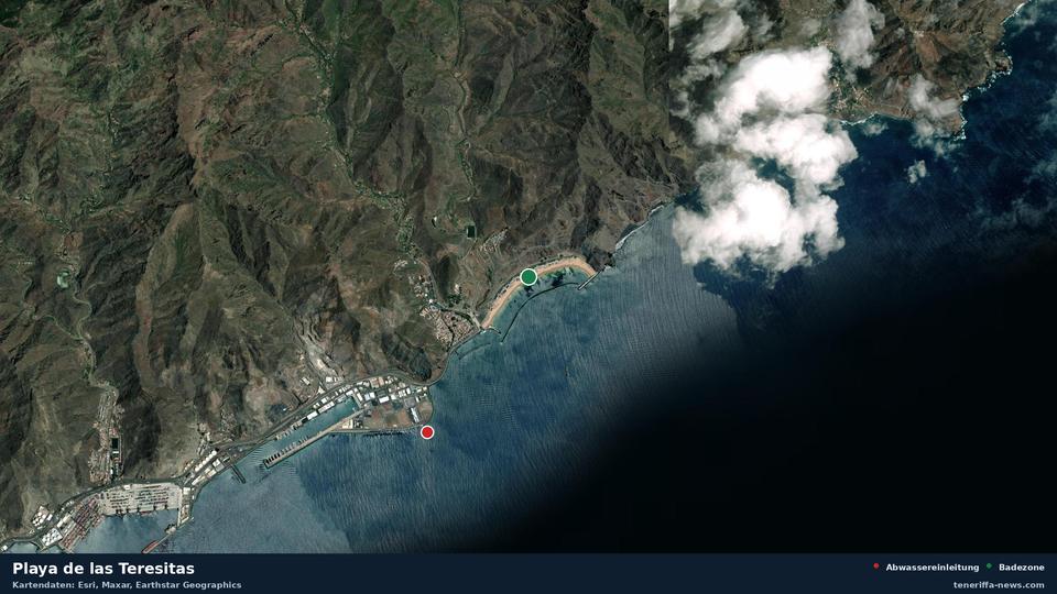 Imagen por satélite de Playa de las Teresitas en Santa Cruz de Tenerife, con la ubicación del vertido de aguas residuales más cercano a 1770 metros.