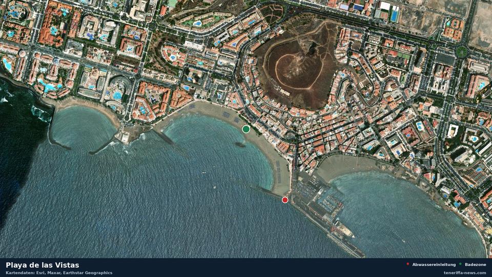 Satellite image of Playa de las Vistas in Arona, with the position of the nearest wastewater outfall 416 metres away.