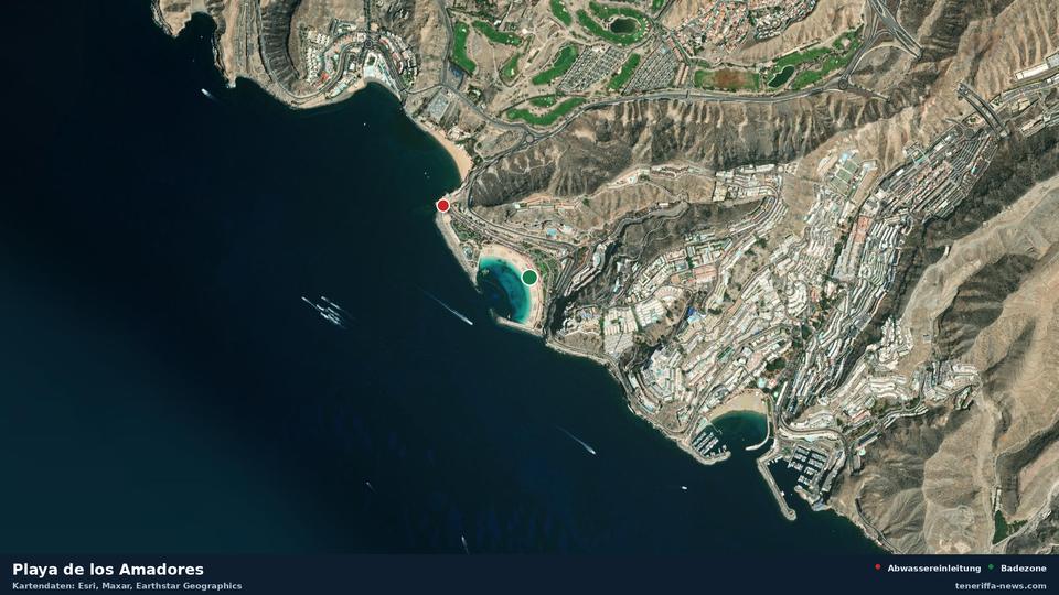 Satellite image of Playa de los Amadores in Mogán, with the position of the nearest wastewater outfall 537 metres away.