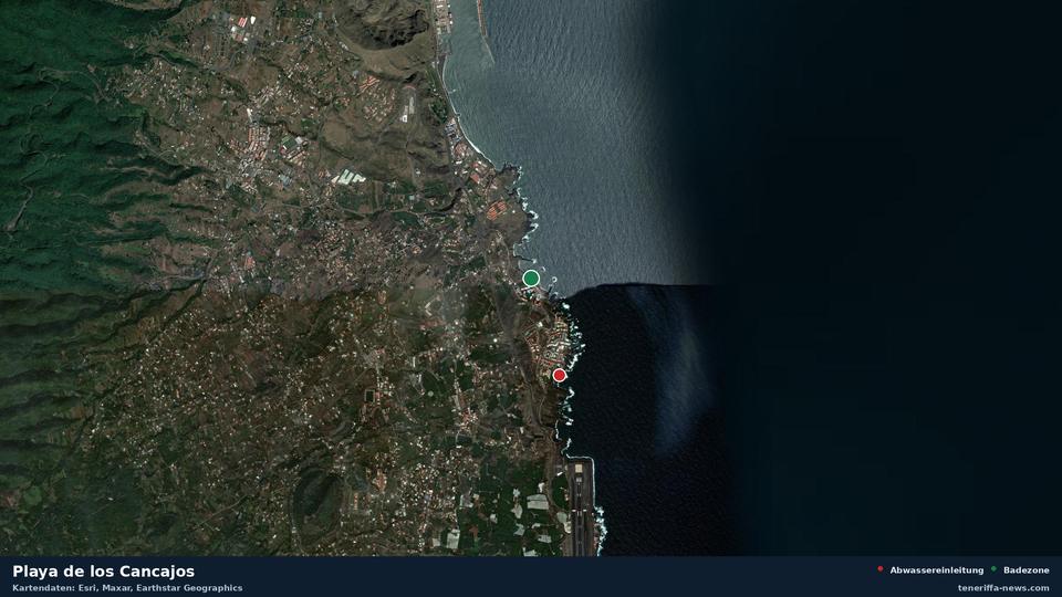 Satellitenbild der Playa de los Cancajos in Breña Baja, dazu die Lage der nächsten Abwassereinleitung in 957 Metern.
