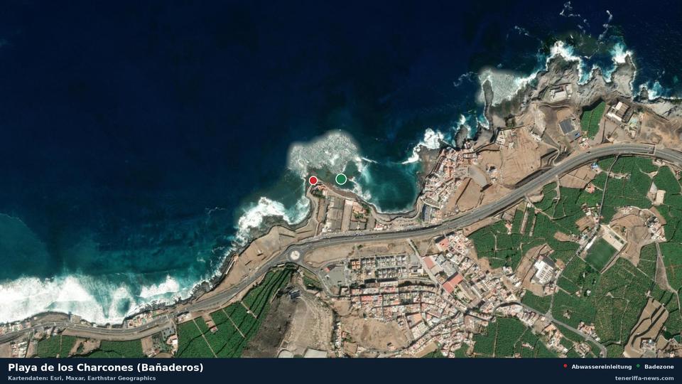 Satellite image of Playa de los Charcones (Bañaderos) in Arucas, with the position of the nearest wastewater outfall 103 metres away.