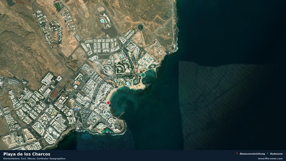 Imagen por satélite de Playa de los Charcos en Teguise, con la ubicación del vertido de aguas residuales más cercano a 776 metros.