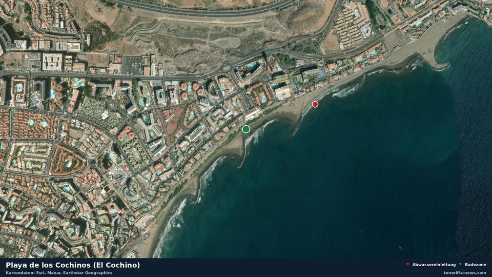 Satellite image of Playa de los Cochinos (El Cochino) in San Bartolomé de Tirajana, with the position of the nearest wastewater outfall 379 metres away.
