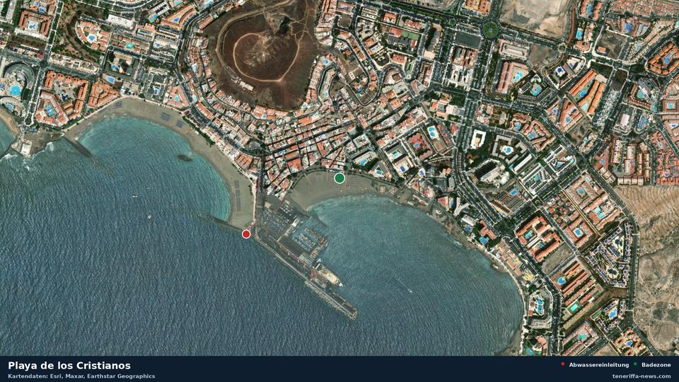 Satellitenbild der Playa de los Cristianos in Arona, dazu die Lage der nächsten Abwassereinleitung in 405 Metern.