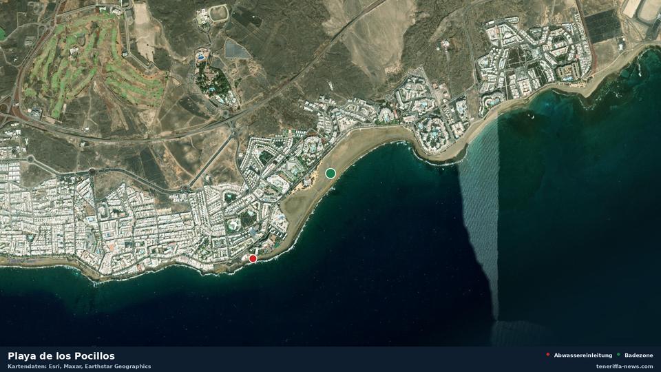 Satellitenbild der Playa de los Pocillos in Tías, dazu die Lage der nächsten Abwassereinleitung in 874 Metern.