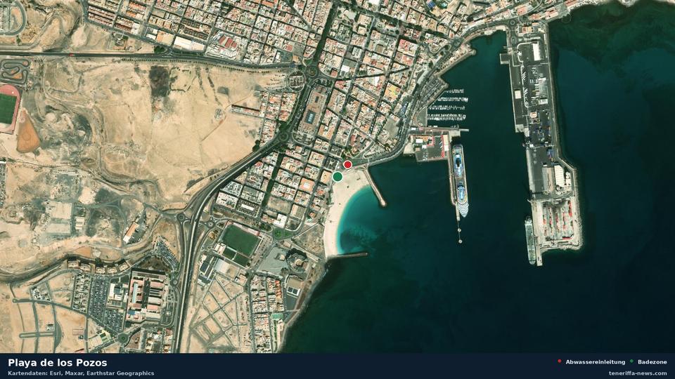 Satellite image of Playa de los Pozos in Puerto del Rosario, with the position of the nearest wastewater outfall 58 metres away.