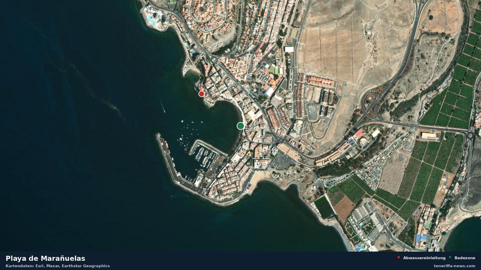 Satellite image of Playa de Marañuelas in Mogán, with the position of the nearest wastewater outfall 265 metres away.
