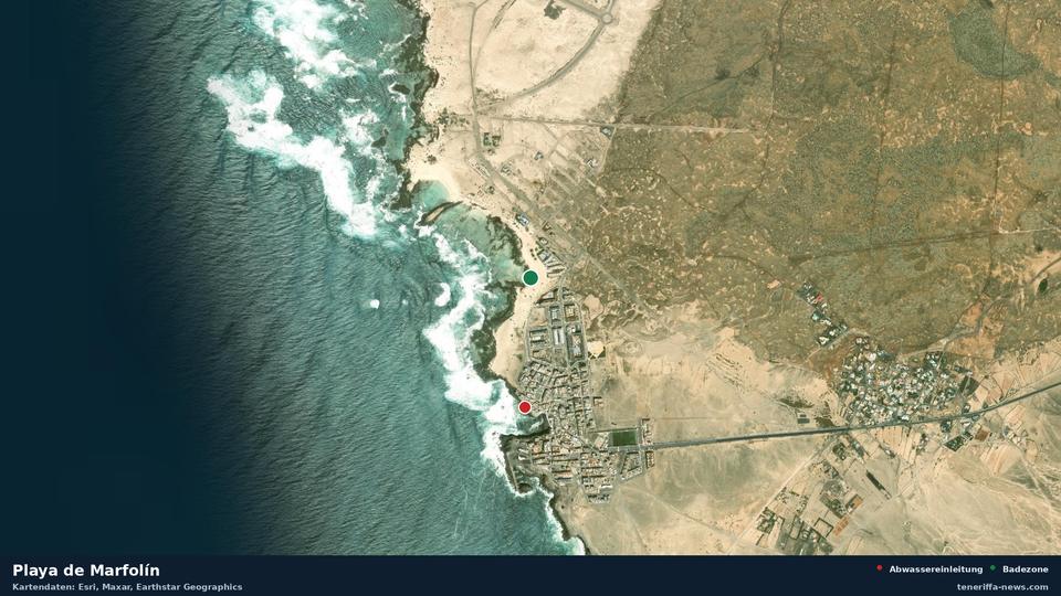 Satellite image of Playa de Marfolín in La Oliva, with the position of the nearest wastewater outfall 615 metres away.