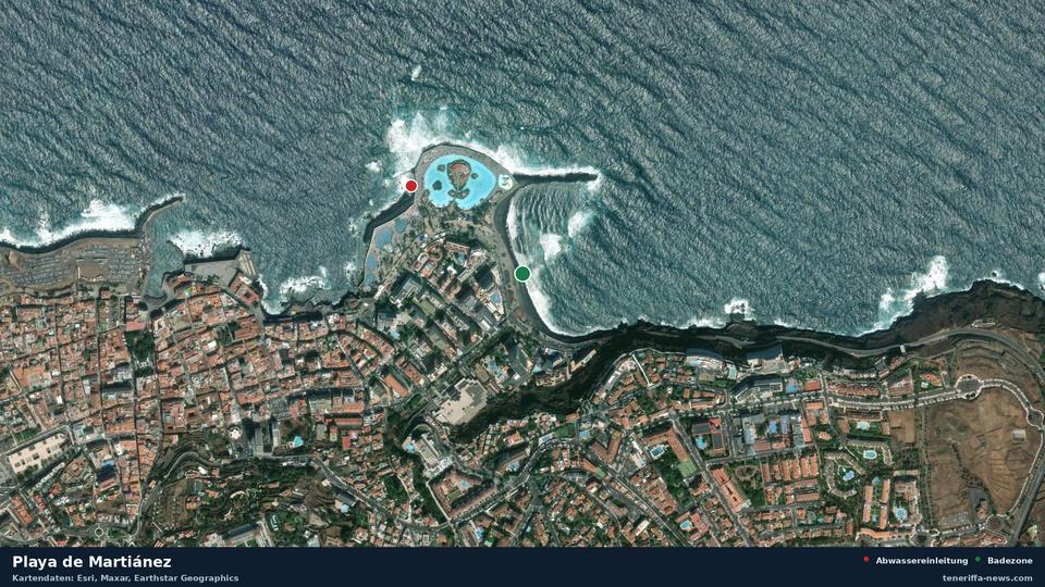 Satellitenbild der Playa de Martiánez in Puerto de la Cruz, dazu die Lage der nächsten Abwassereinleitung in 341 Metern.