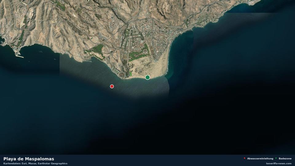 Satellite image of Playa de Maspalomas in San Bartolomé de Tirajana, with the position of the nearest wastewater outfall 2521 metres away.