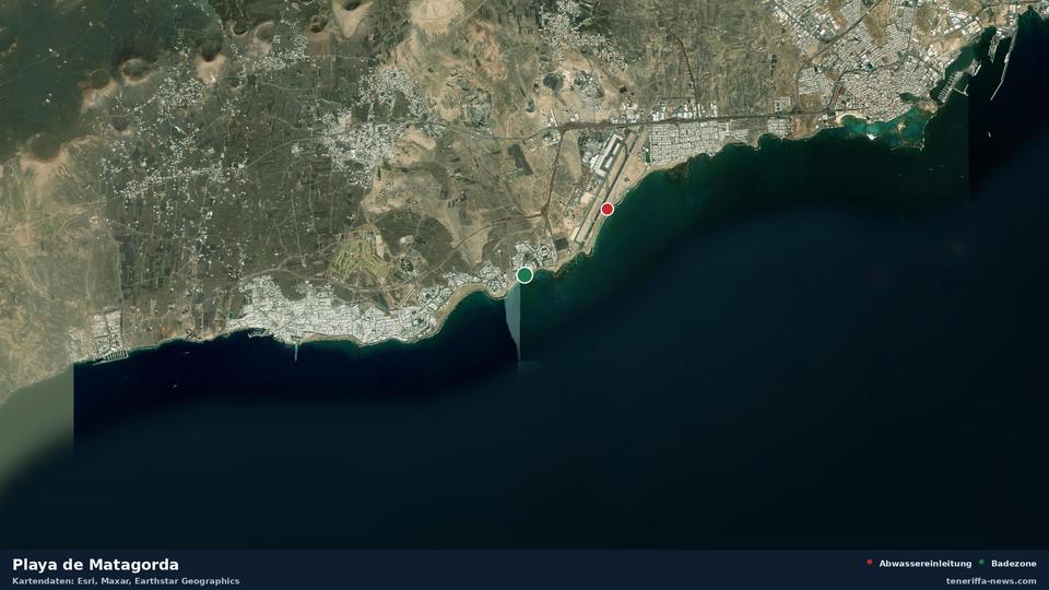 Satellitenbild der Playa de Matagorda in Tías, dazu die Lage der nächsten Abwassereinleitung in 2026 Metern.
