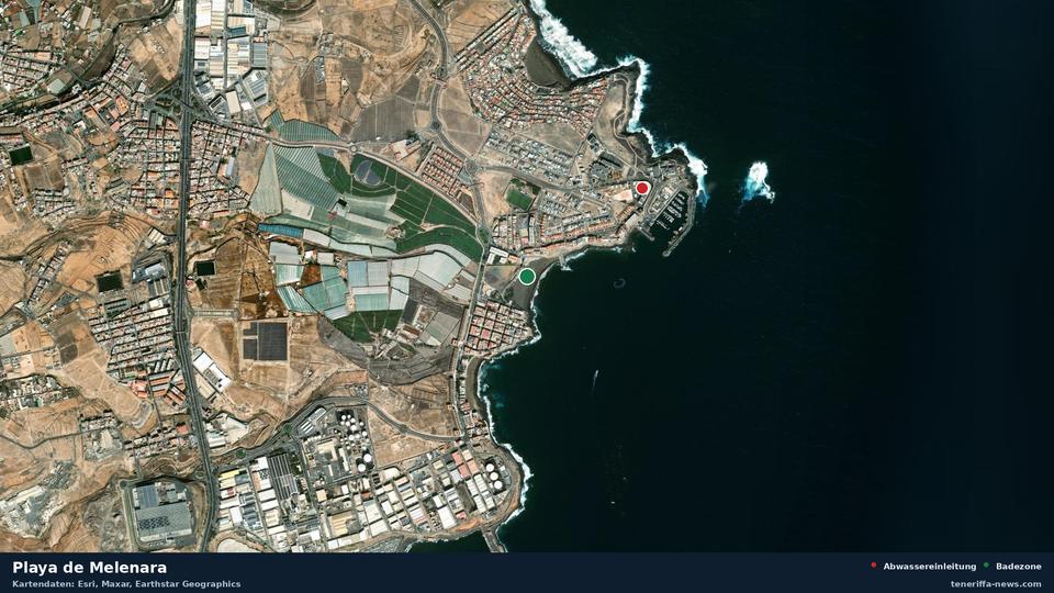 Satellite image of Playa de Melenara in Telde, with the position of the nearest wastewater outfall 697 metres away.