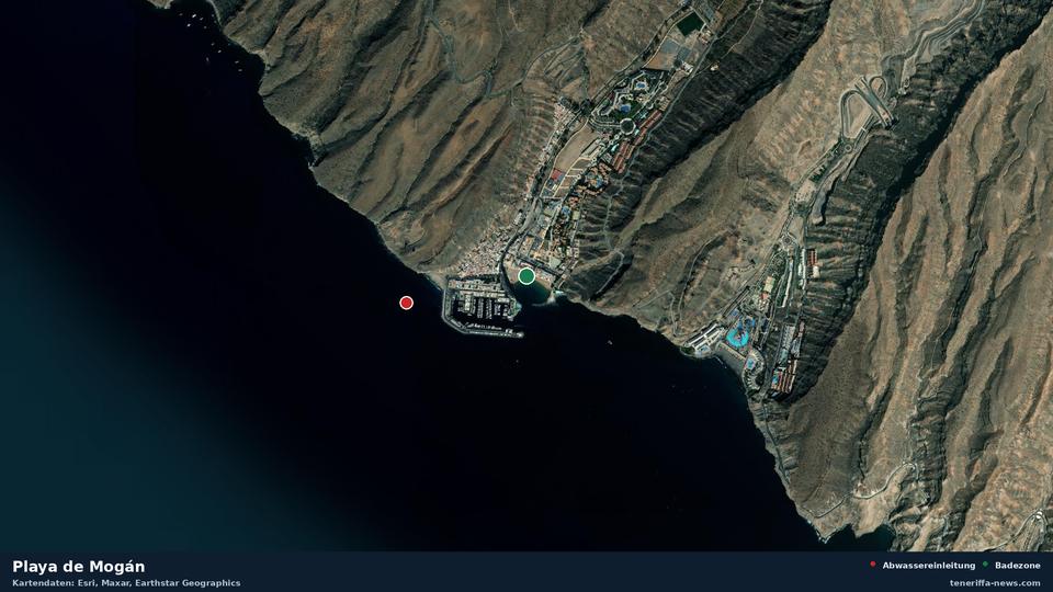 Satellite image of Playa de Mogán in Mogán, with the position of the nearest wastewater outfall 591 metres away.