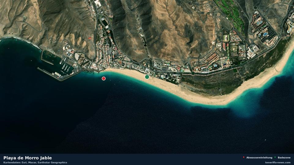 Satellitenbild der Playa de Morro Jable in Pájara, dazu die Lage der nächsten Abwassereinleitung in 745 Metern.