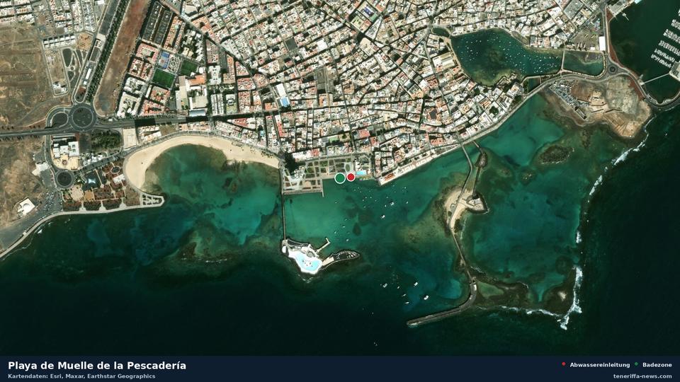 Satellite image of Playa de Muelle de la Pescadería in Arrecife, with the position of the nearest wastewater outfall 40 metres away.