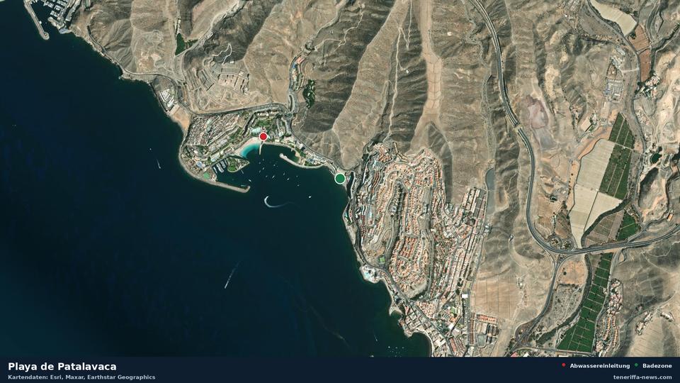 Satellite image of Playa de Patalavaca in Mogán, with the position of the nearest wastewater outfall 651 metres away.