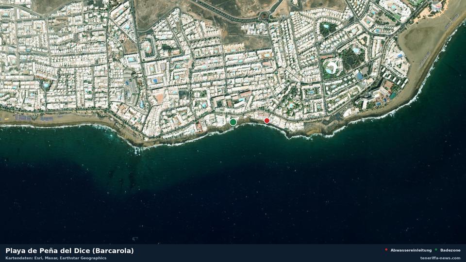 Satellite image of Playa de Peña del Dice (Barcarola) in Tías, with the position of the nearest wastewater outfall 182 metres away.