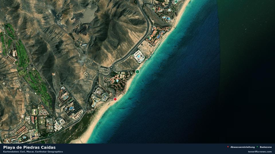 Satellitenbild der Playa de Piedras Caídas in Pájara, dazu die Lage der nächsten Abwassereinleitung in 652 Metern.