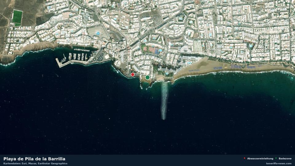 Satellite image of Playa de Pila de la Barrilla in Tías, with the position of the nearest wastewater outfall 128 metres away.