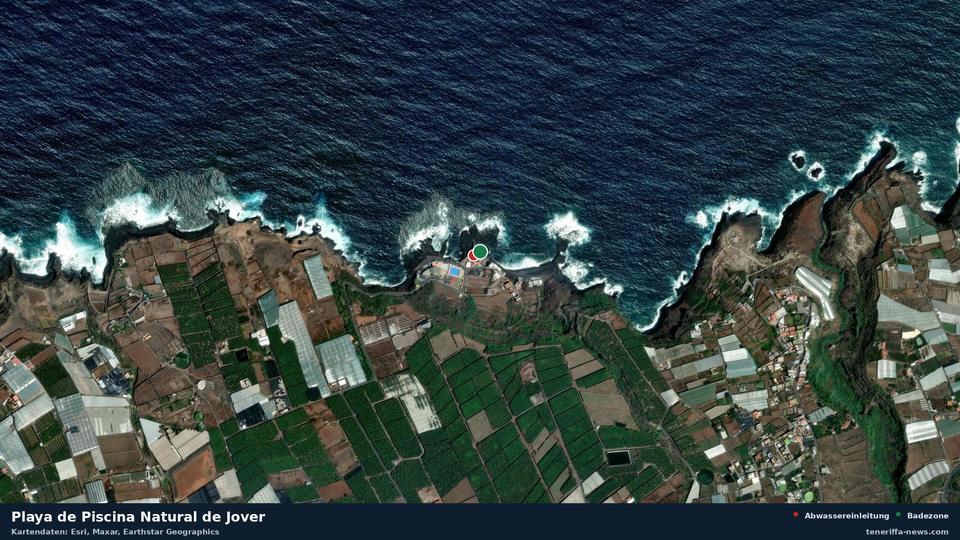 Satellite image of Playa de Piscina Natural de Jover in San Cristóbal de La Laguna, with the position of the nearest wastewater outfall 19 metres away.