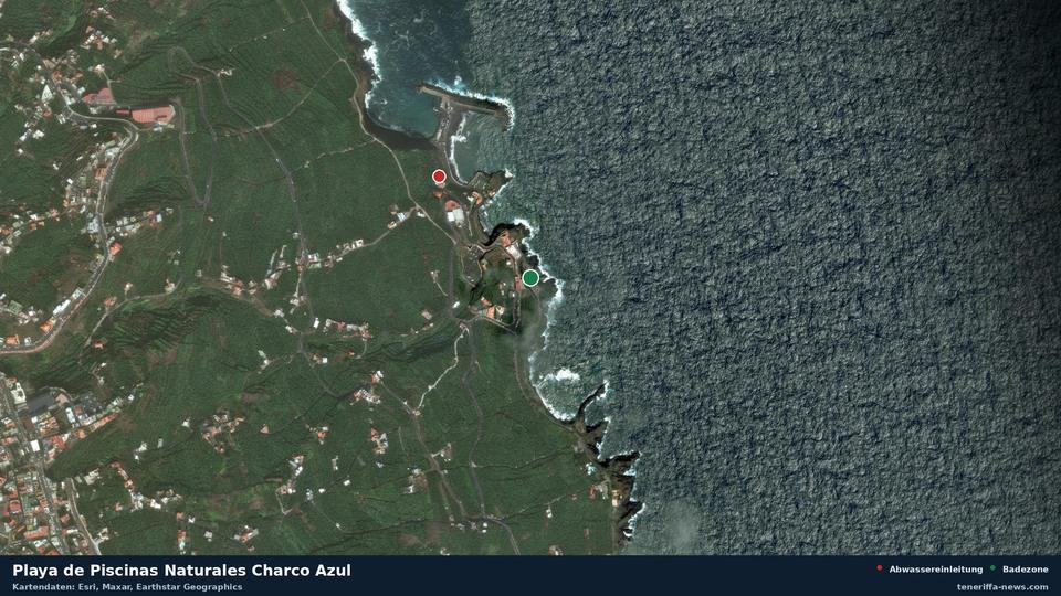 Satellitenbild der Playa de Piscinas Naturales Charco Azul in San Andrés y Sauces, dazu die Lage der nächsten Abwassereinleitung in 324 Metern.