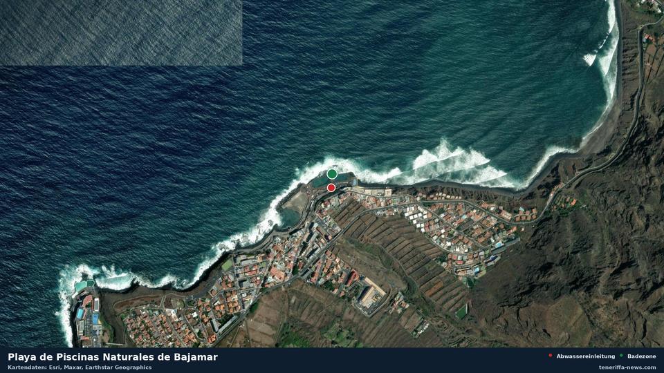 Satellite image of Playa de Piscinas Naturales de Bajamar in San Cristóbal de La Laguna, with the position of the nearest wastewater outfall 53 metres away.