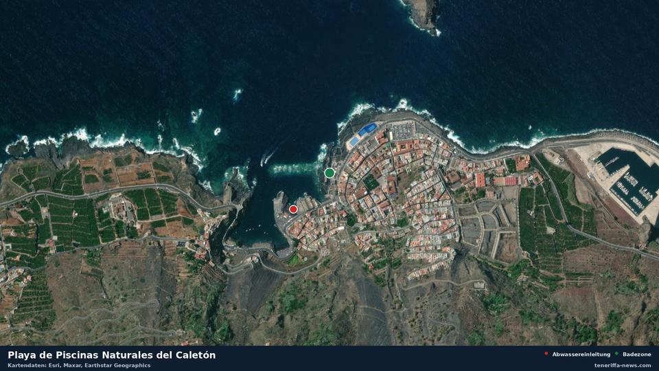 Satellite image of Playa de Piscinas Naturales del Caletón in Garachico, with the position of the nearest wastewater outfall 195 metres away.