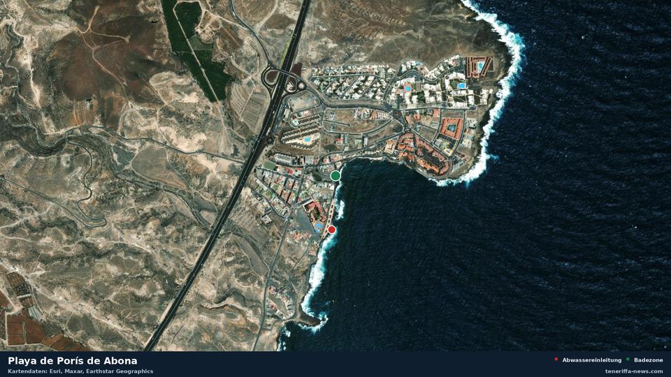Satellite image of Playa de Porís de Abona in Arico, with the position of the nearest wastewater outfall 204 metres away.