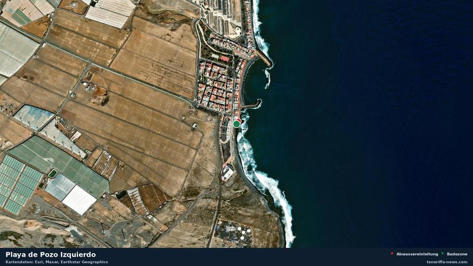 Satellite image of Playa de Pozo Izquierdo in Santa Lucía de Tirajana, with the position of the nearest wastewater outfall 18 metres away.